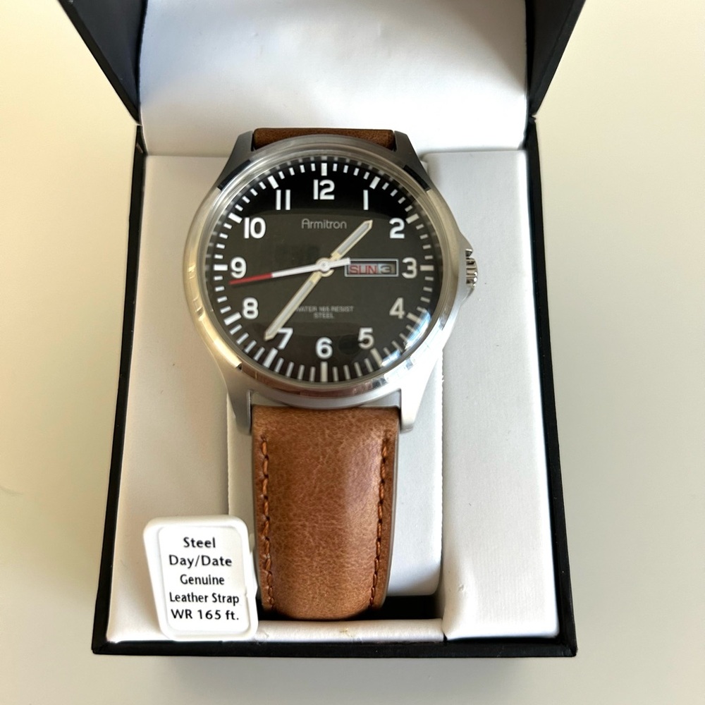 New Arbitron Stainless Steel Day & Date Watch with Brown Genuine Leather Strap